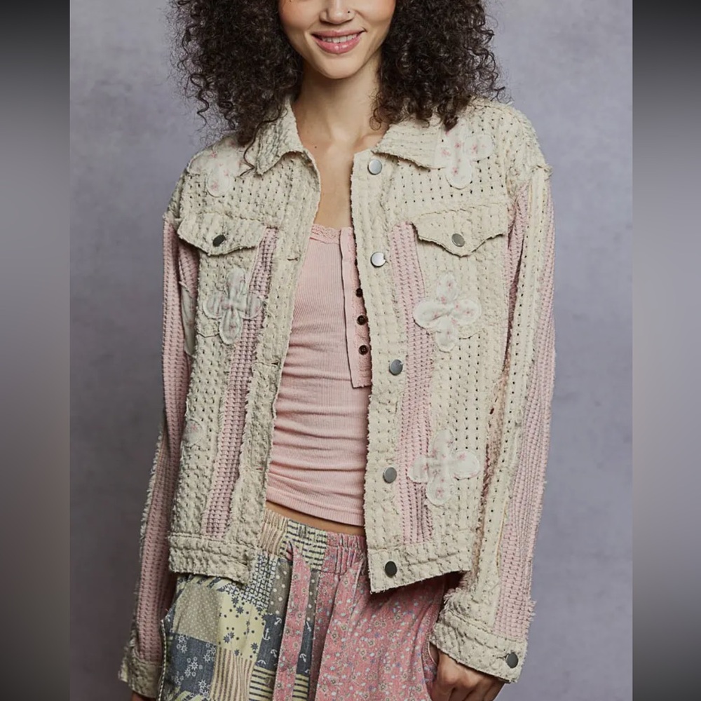 POL pink textured floral patchwork denim boho bohemian pullover jacket coat - Picture 4 of 5